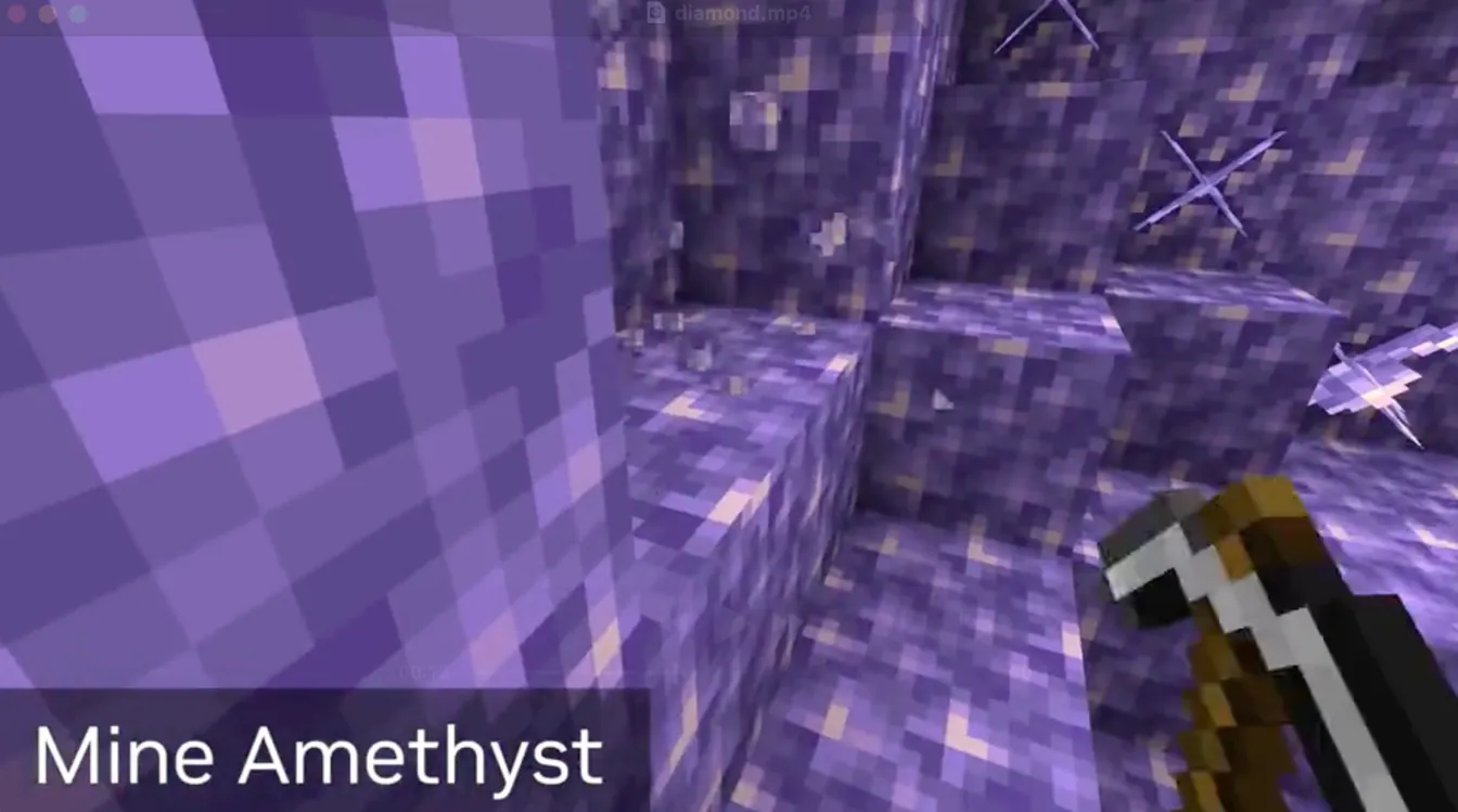 Minecraft inventory showing mined amethyst shards from the Voyager agent task.