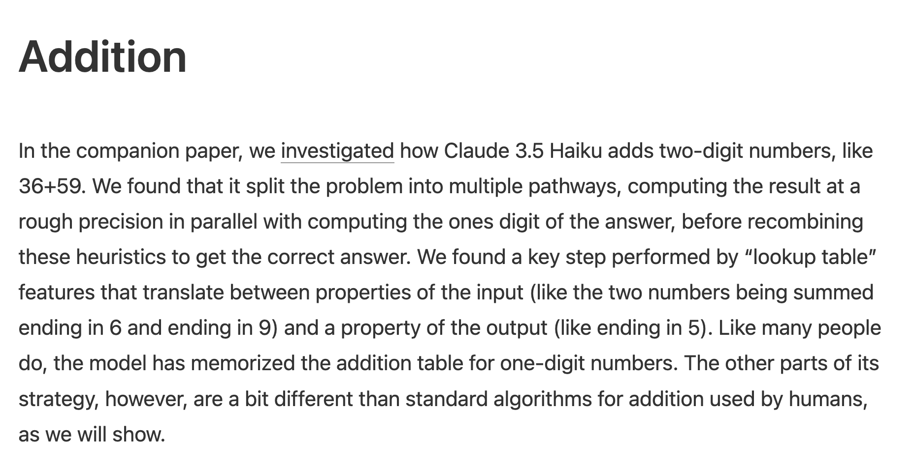 Explanation of how Claude 3.5 Haiku adds two-digit numbers like 36+59 using multiple parallel pathways and lookup-table features.