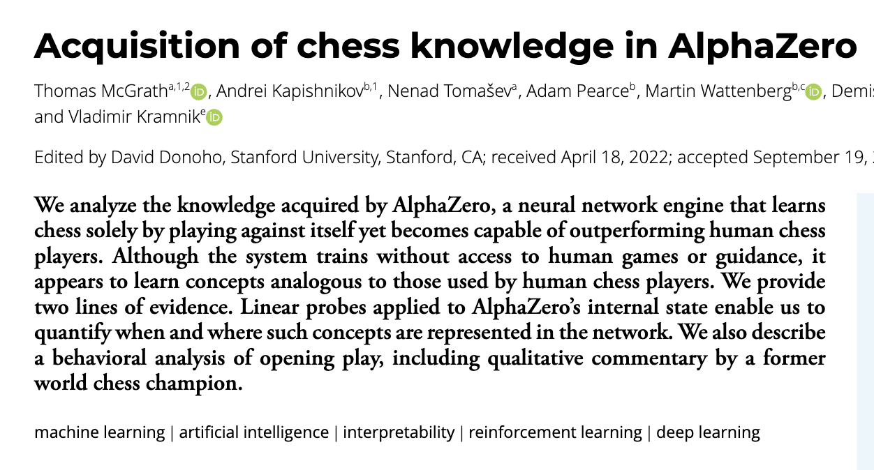DeepMind 2022 research showing AlphaZero learning human-recognizable chess concepts through self-play.