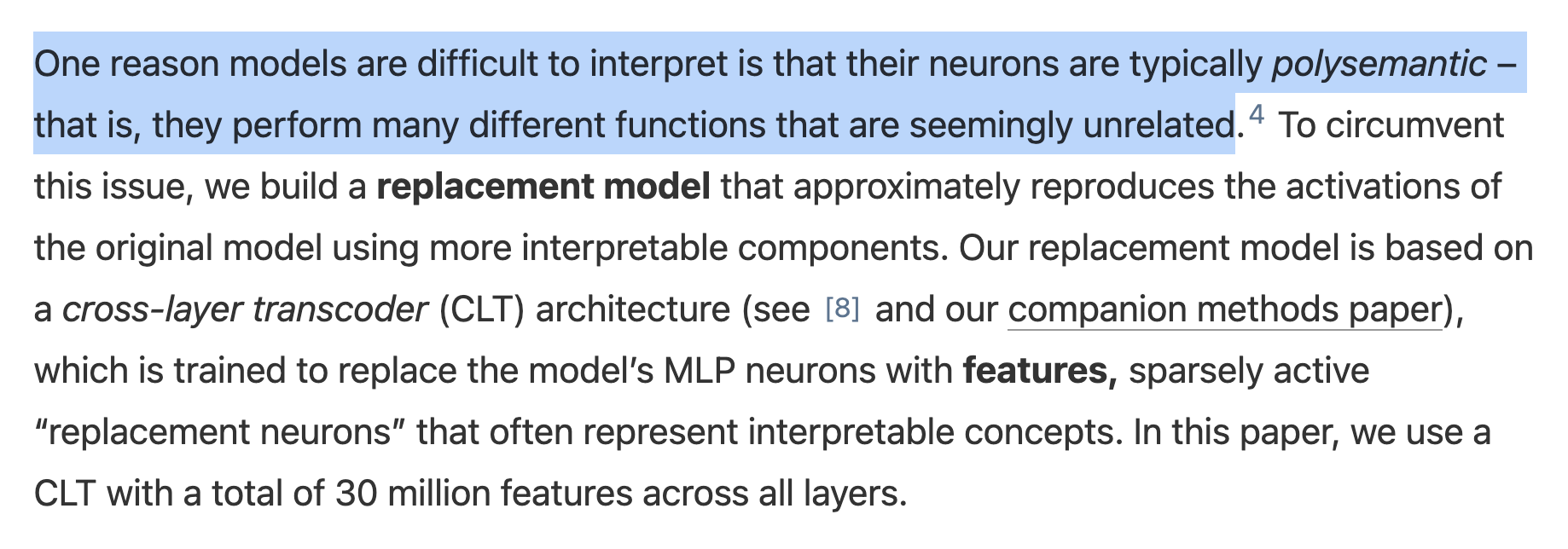 Explanation of why interpreting LLMs directly is hard due to polysemantic neurons, motivating a more interpretable replacement-model architecture.