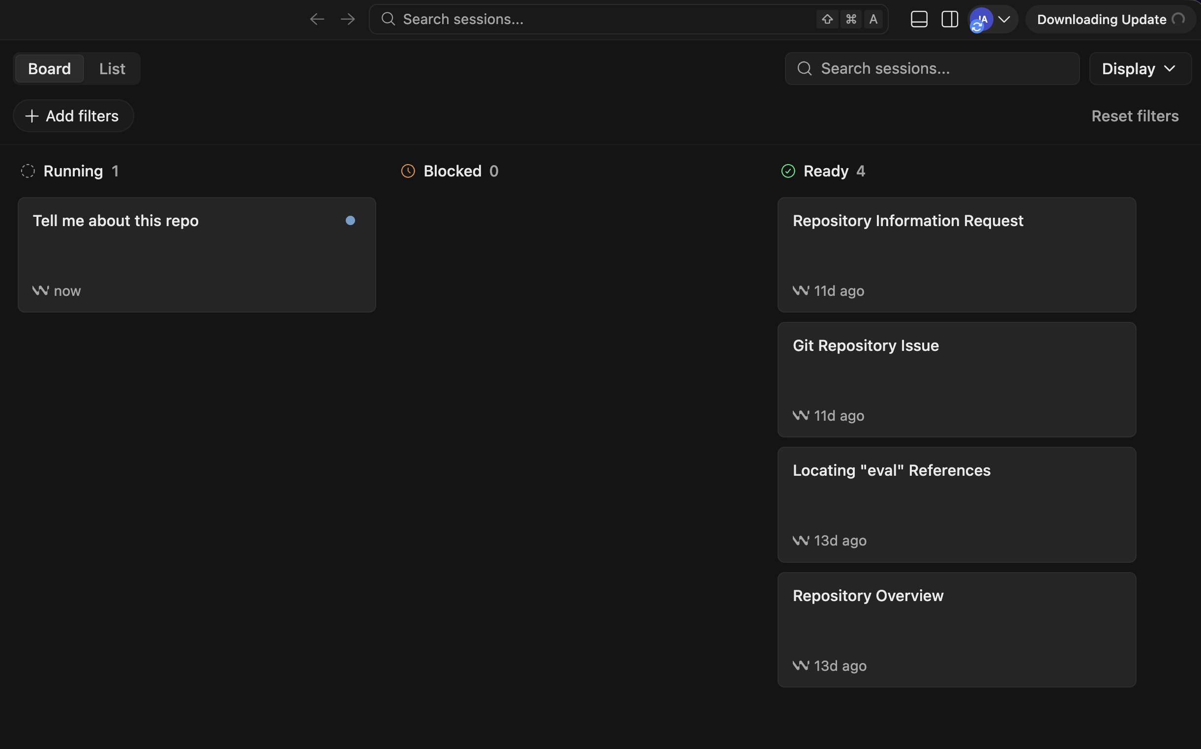 Devin's desktop app showing a Kanban board with Running, Blocked, and Ready columns of agent sessions.